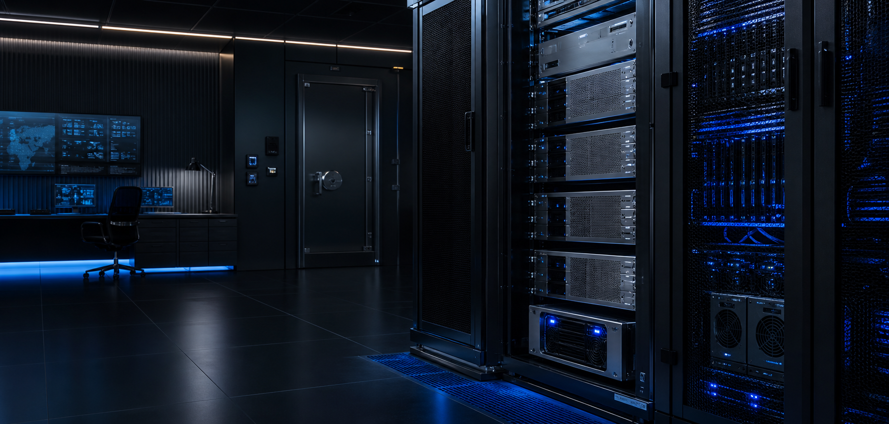 Secure AI server racks inside a professional air-gapped operations room